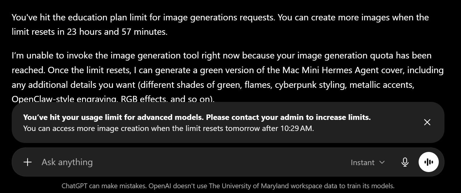 ChatGPT showing image generation limit message alongside advanced models usage limit banner