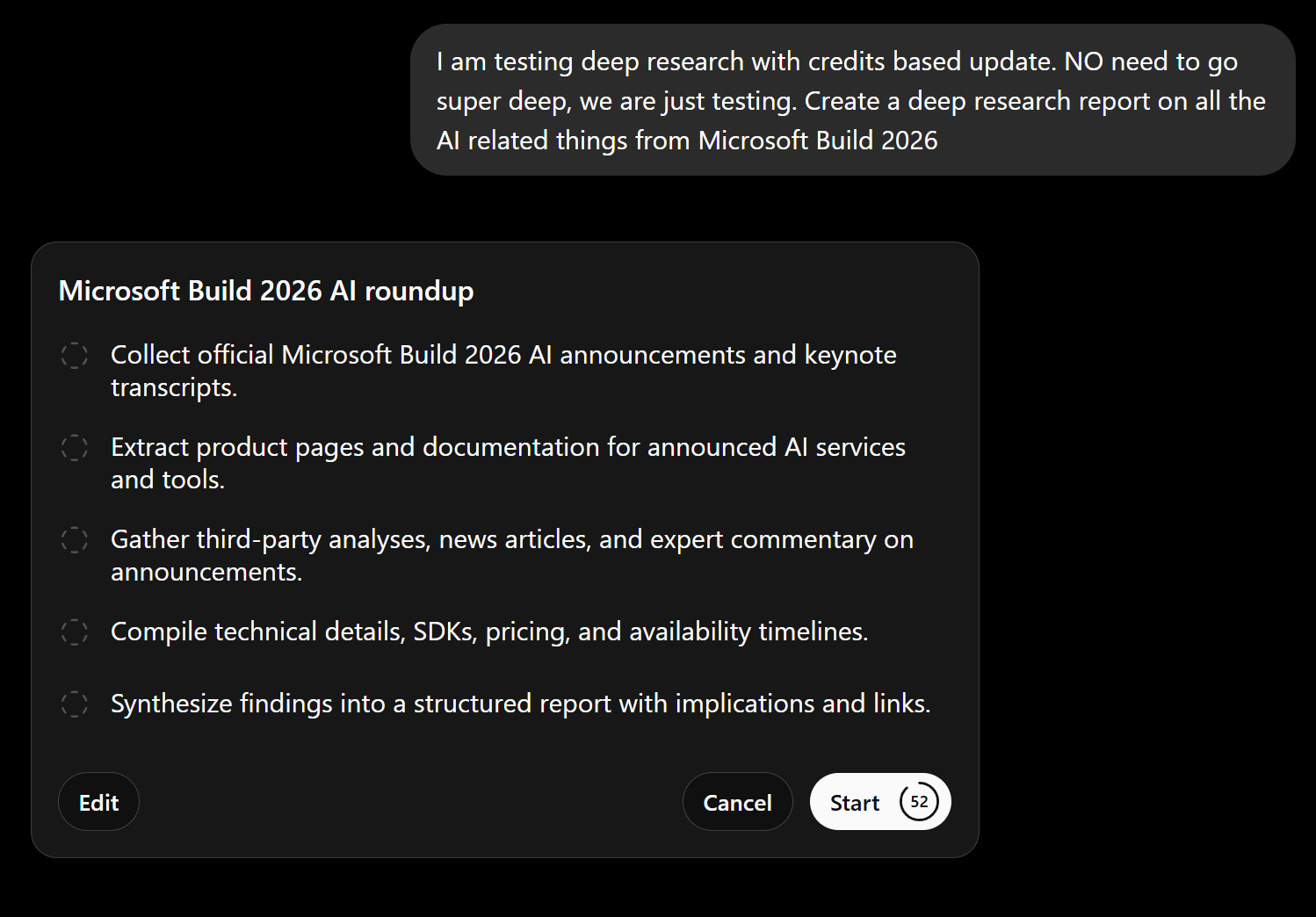 ChatGPT Deep Research task preview showing a 52-second countdown before autostart on a Microsoft Build 2026 AI roundup report