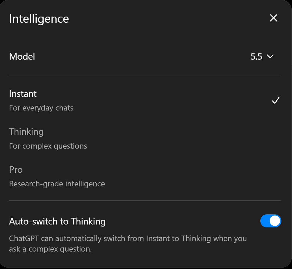 ChatGPT Intelligence settings panel showing Auto-switch to Thinking toggle in the ON position