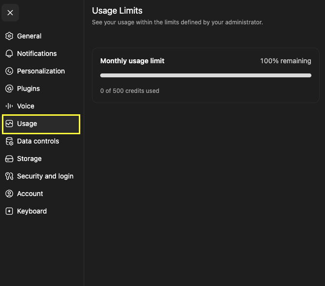 ChatGPT Usage Limits screen with Usage selected and monthly usage limit details shown.